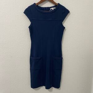 Boden Mini Dress Womens Size 4R Navy Blue Pleated Neckline Cap Sleeve Shift